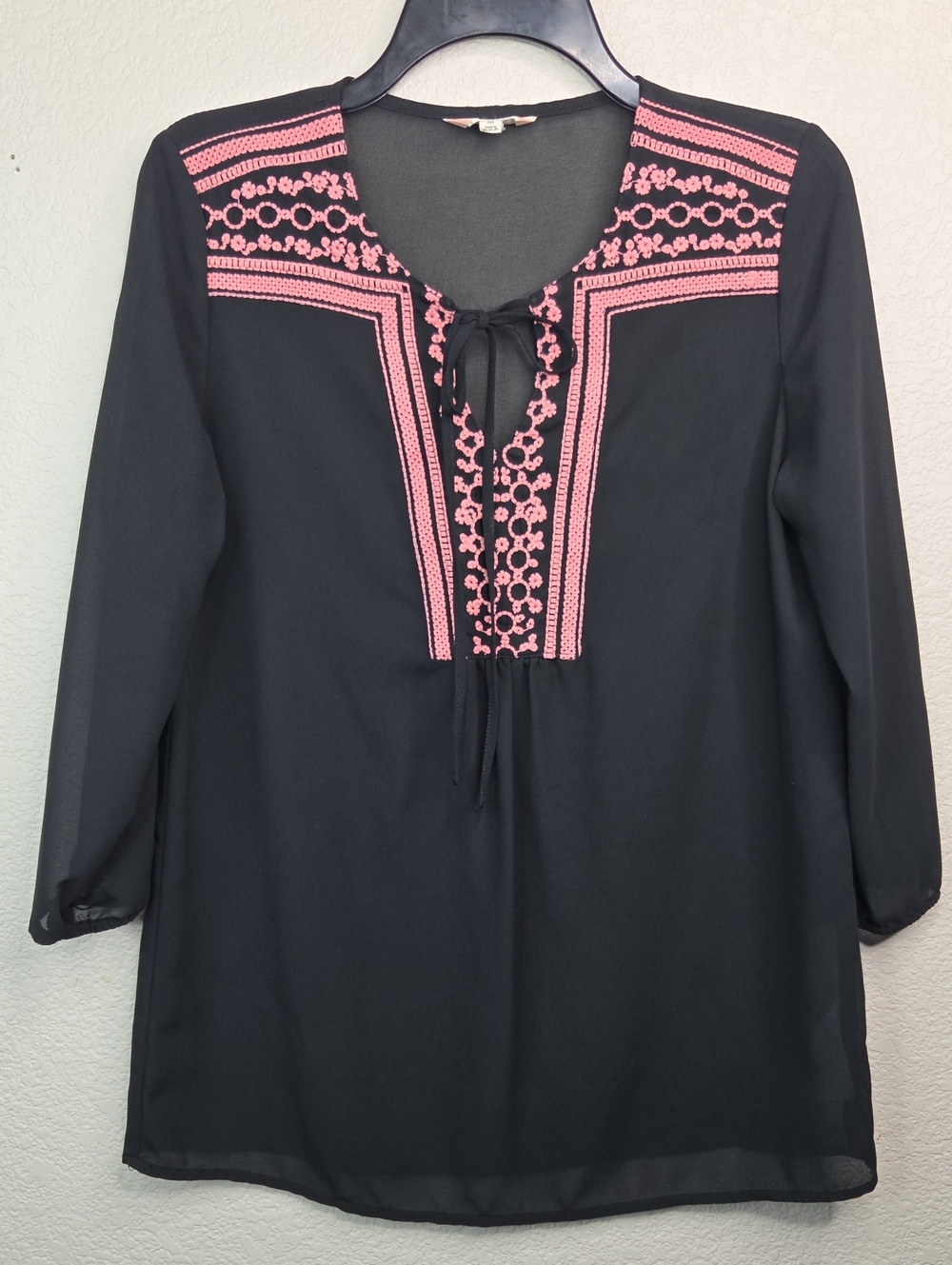 Black Tunic Top with Pink Embroidered Yoke - Women